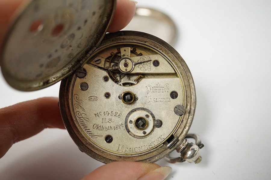 A George V Waltham silver open faced key wind pocket watch (a.f.), a 935 white metal open faced pocket watch and an 800 white metal fob watch. Condition - poor